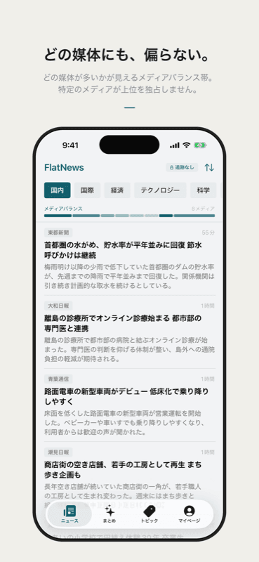 FlatNewsのメディアバランス帯。どの媒体にも偏らない