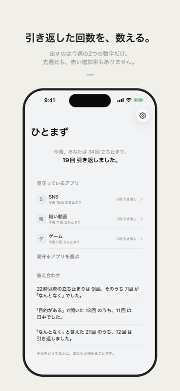 ひとまずのホーム画面。今週の立ち止まりと引き返しの回数